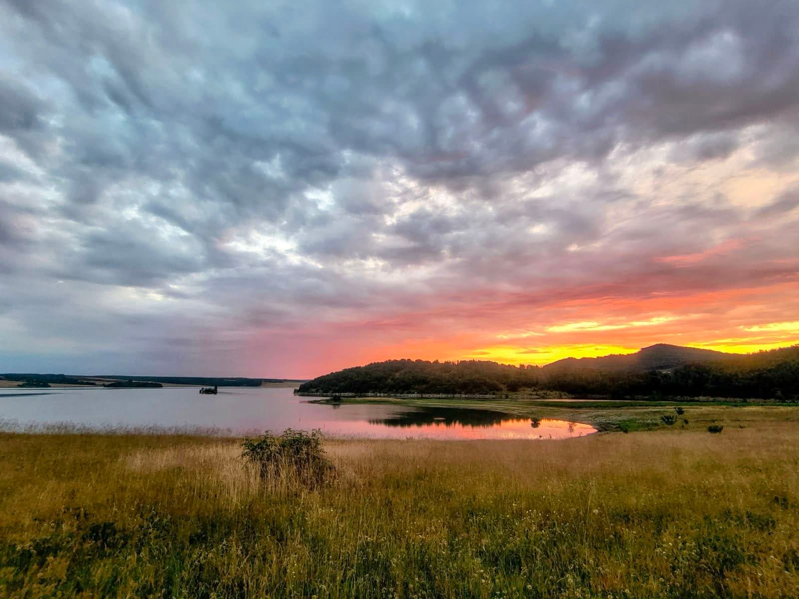 Sunset over the Trakiets Reservoir near the village of Nikolovo, Haskovo Province